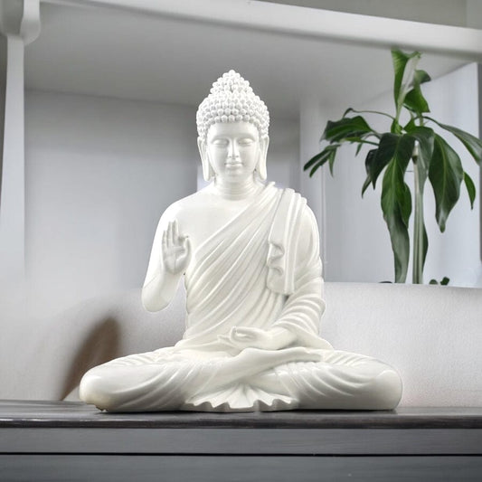 White Meditating Buddha Marble Look Statue