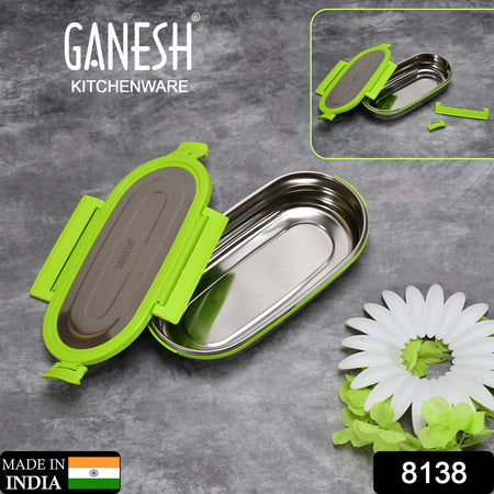 8138 Ganesh Solo Oval 650 Stainless Steel Leak Proof Airtight Lunch Pack For Office  School Use